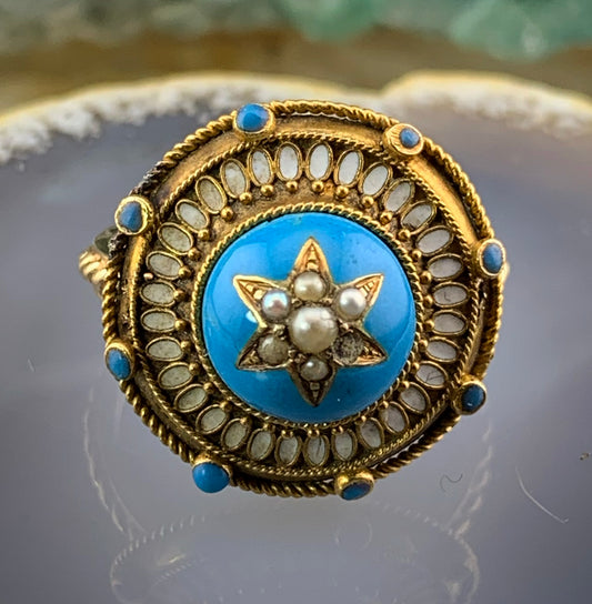 Antique 14K, Seed Pearl & Enamel Celestial Conversion Ring