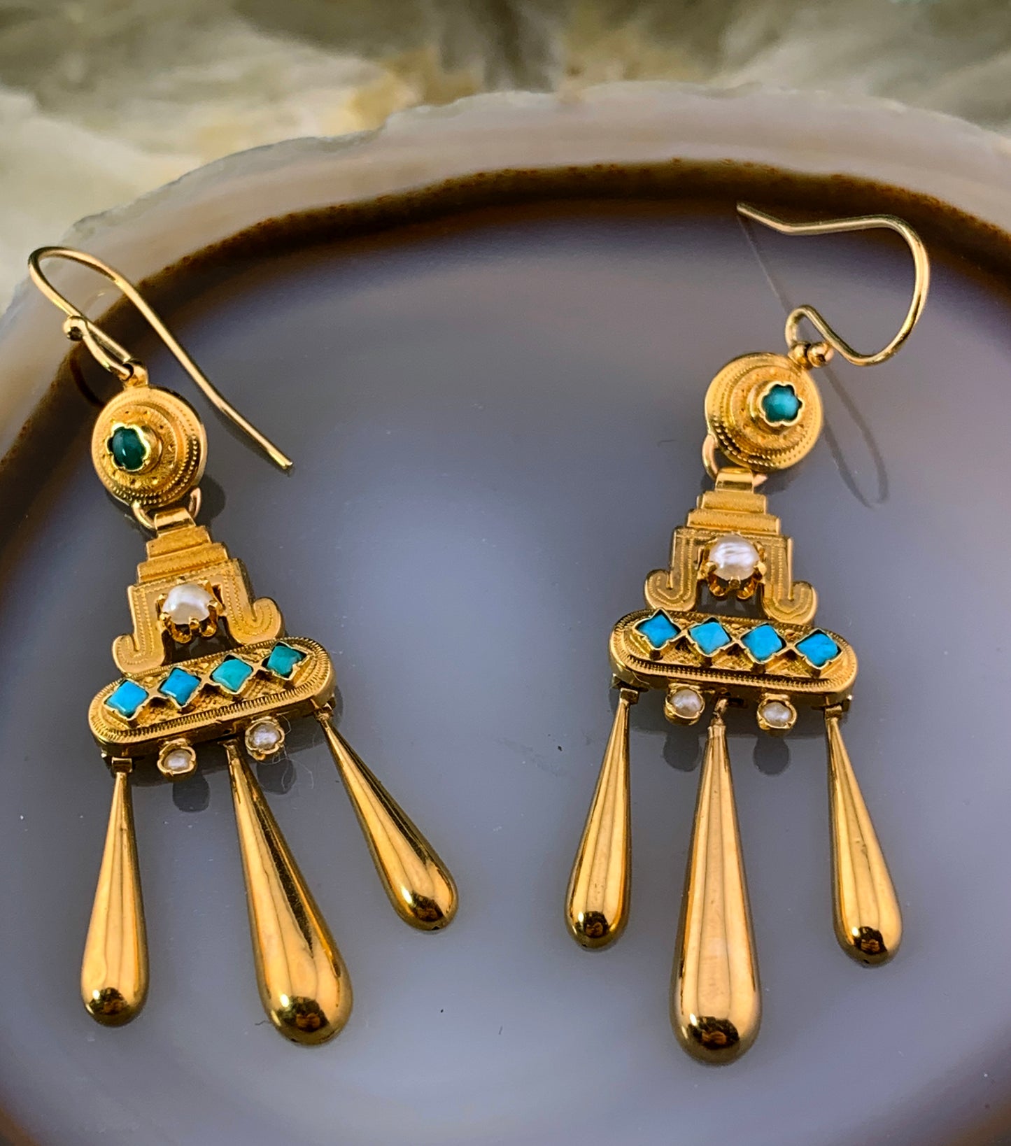 Antique Archaeological Revival French 18K, Turquoise & Seed Pearl Earrings