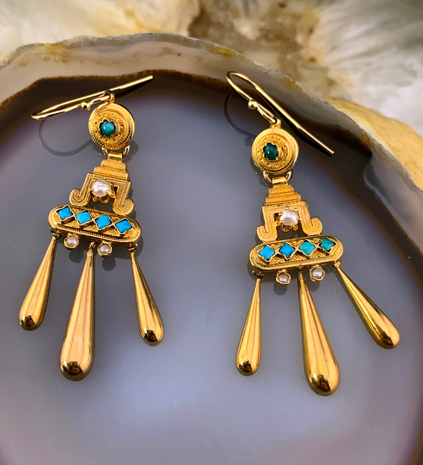 Antique Archaeological Revival French 18K, Turquoise & Seed Pearl Earrings