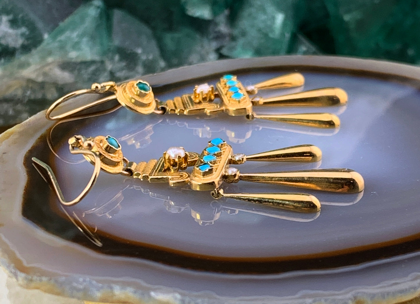 Antique Archaeological Revival French 18K, Turquoise & Seed Pearl Earrings