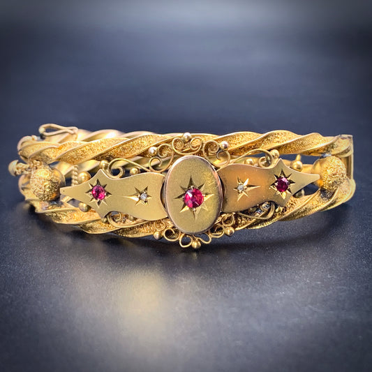 Antique English 9K, Diamond & Garnet Bangle Bracelet