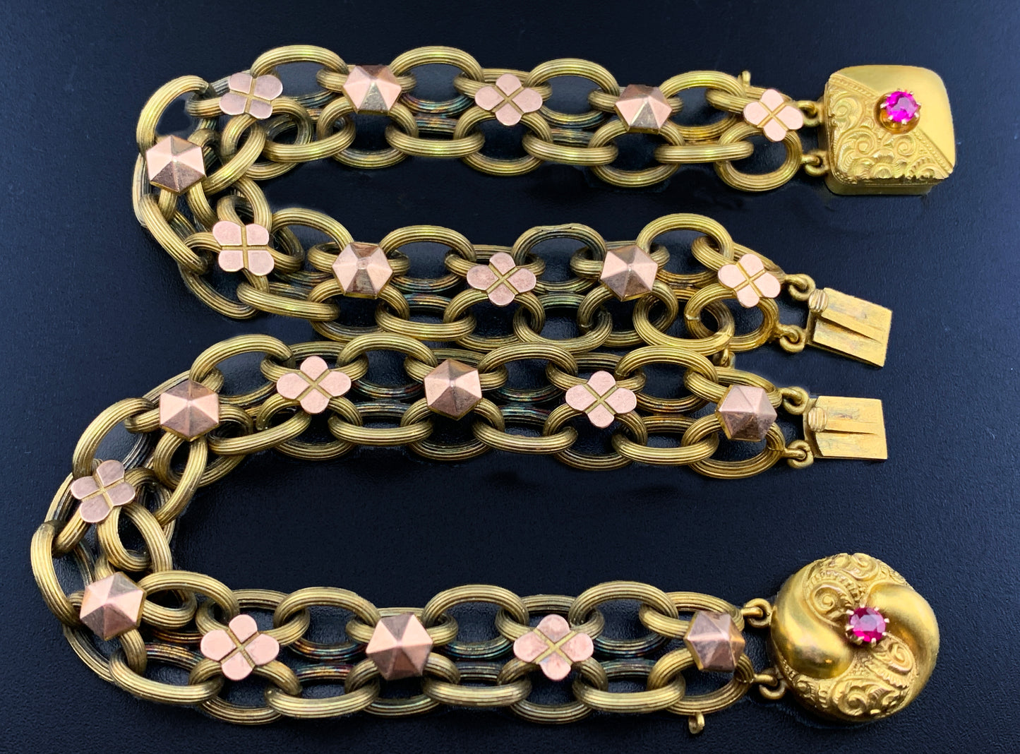 SOLD Antique 12K & Spinel Book Chain Bracelet Pair