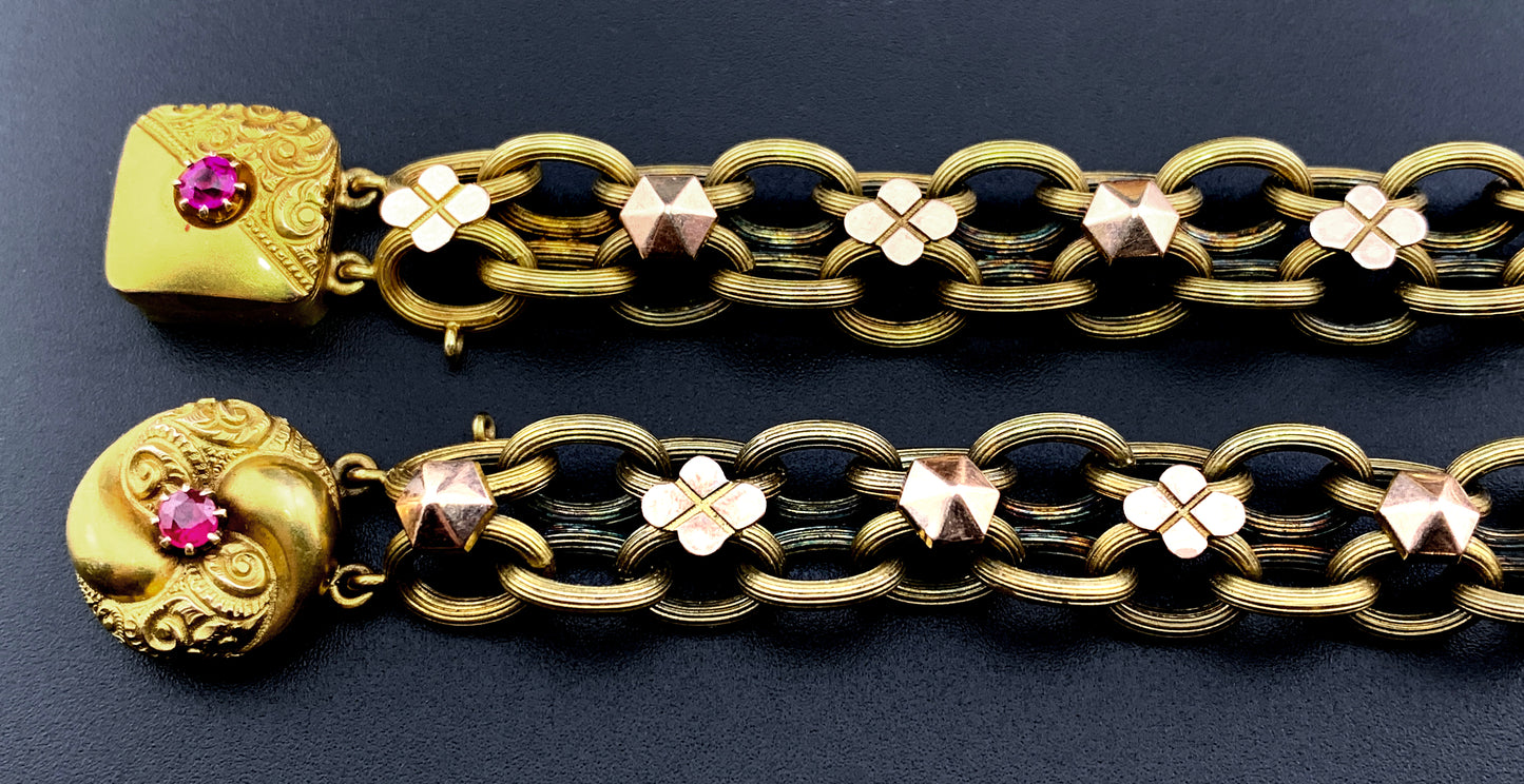 SOLD Antique 12K & Spinel Book Chain Bracelet Pair