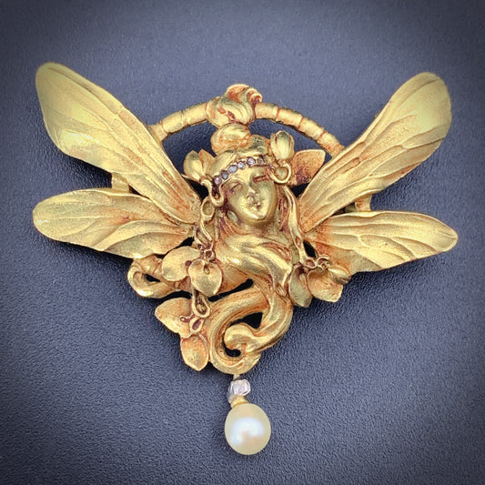 SOLD Antique Art Nouveau 18K, Diamond & Pearl Fairy Brooch/Pendant