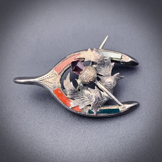 SOLD Antique Sterling Silver, Agate & Paste Wishbone & Thistle Brooch