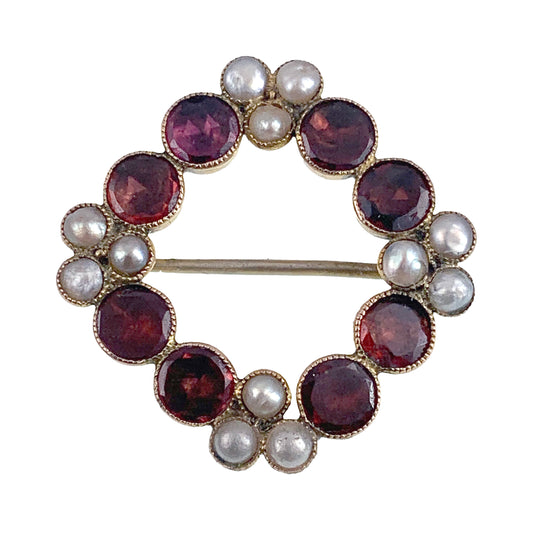 Antique Regency Era 10-12K Garnet & Pearl Wreath Brooch