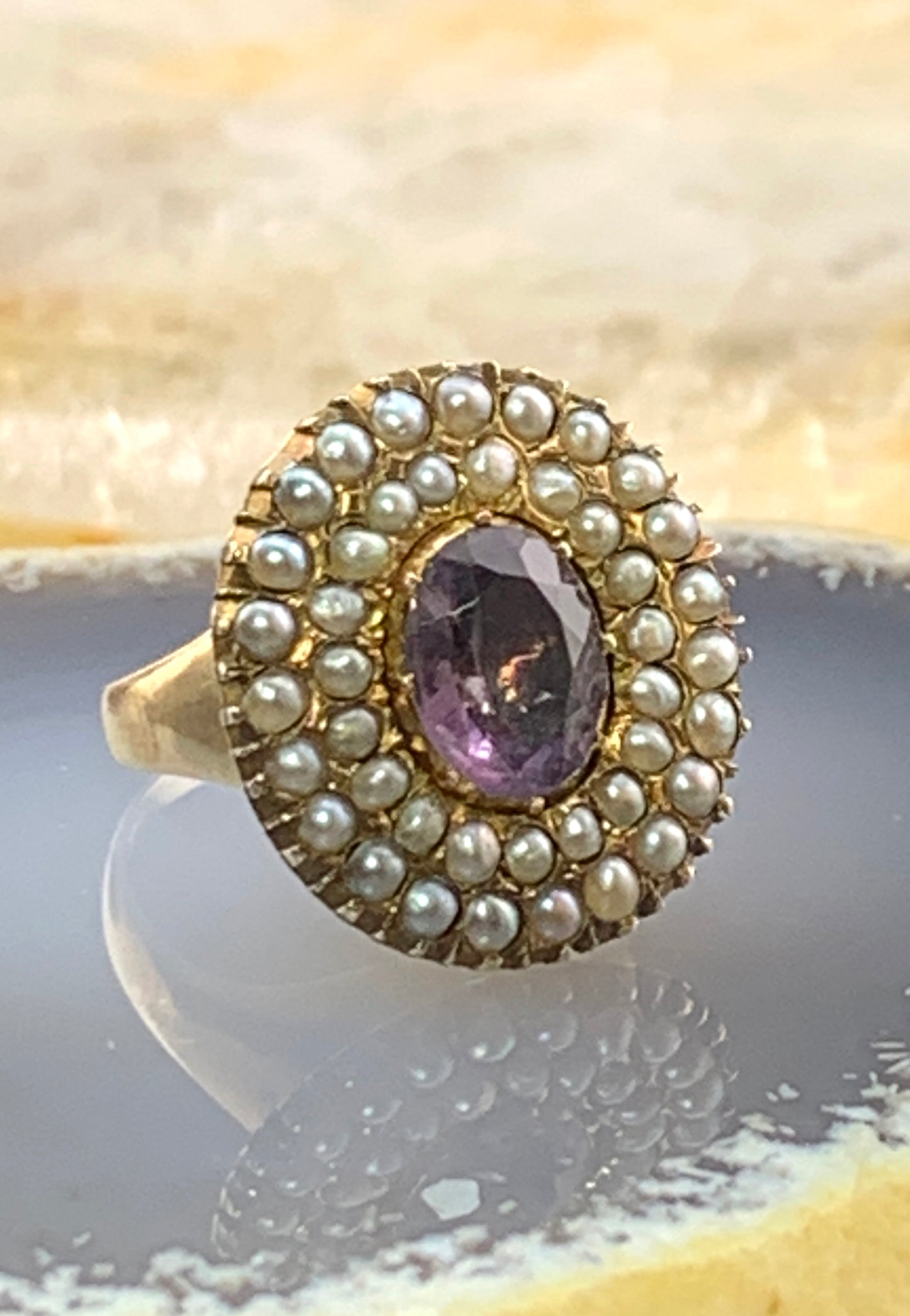 Antique 14K, Amethyst & Seed Pearl Ring