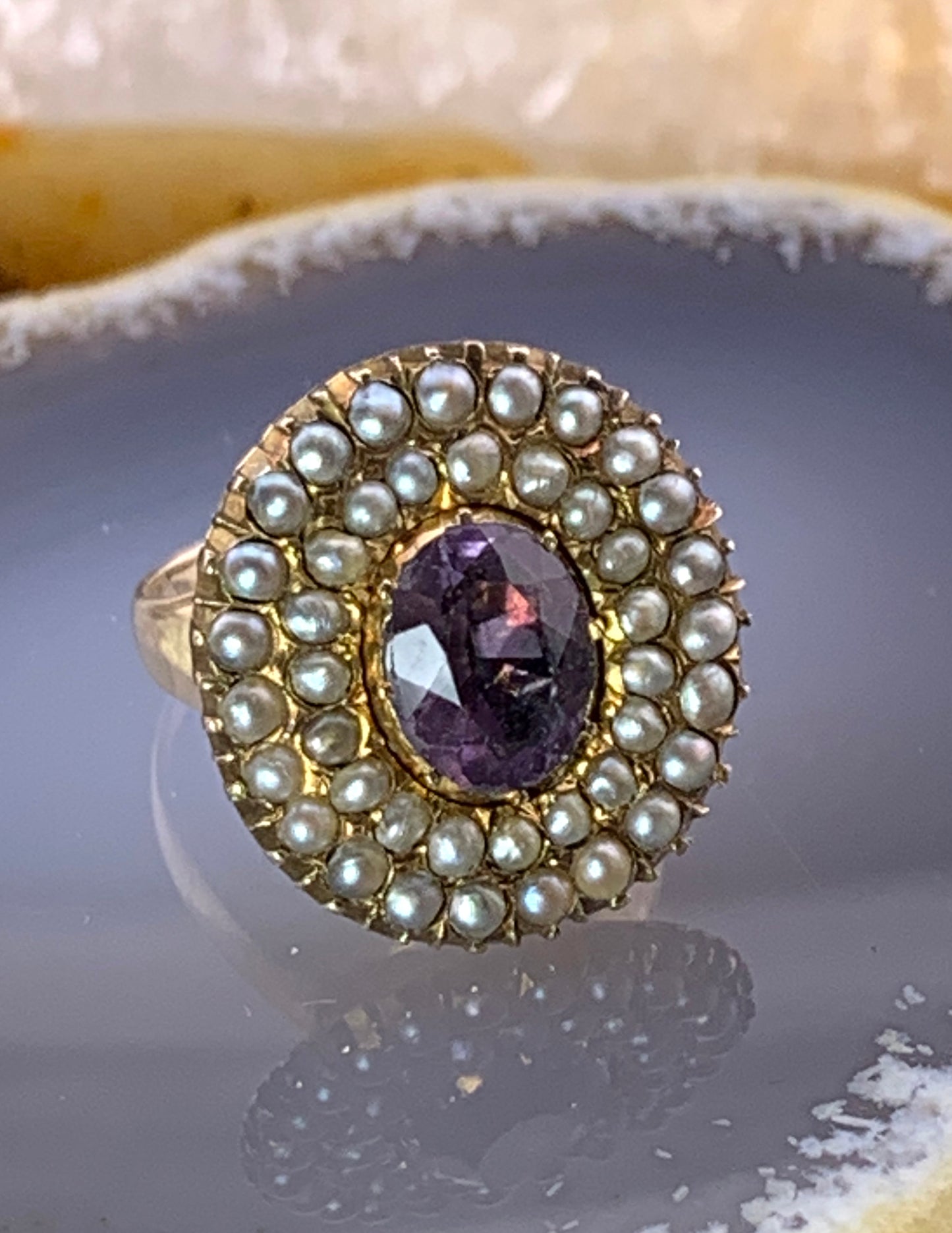 Antique 14K, Amethyst & Seed Pearl Ring