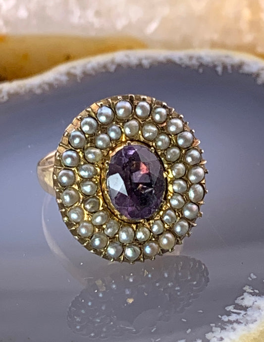 Antique 14K, Amethyst & Seed Pearl Ring