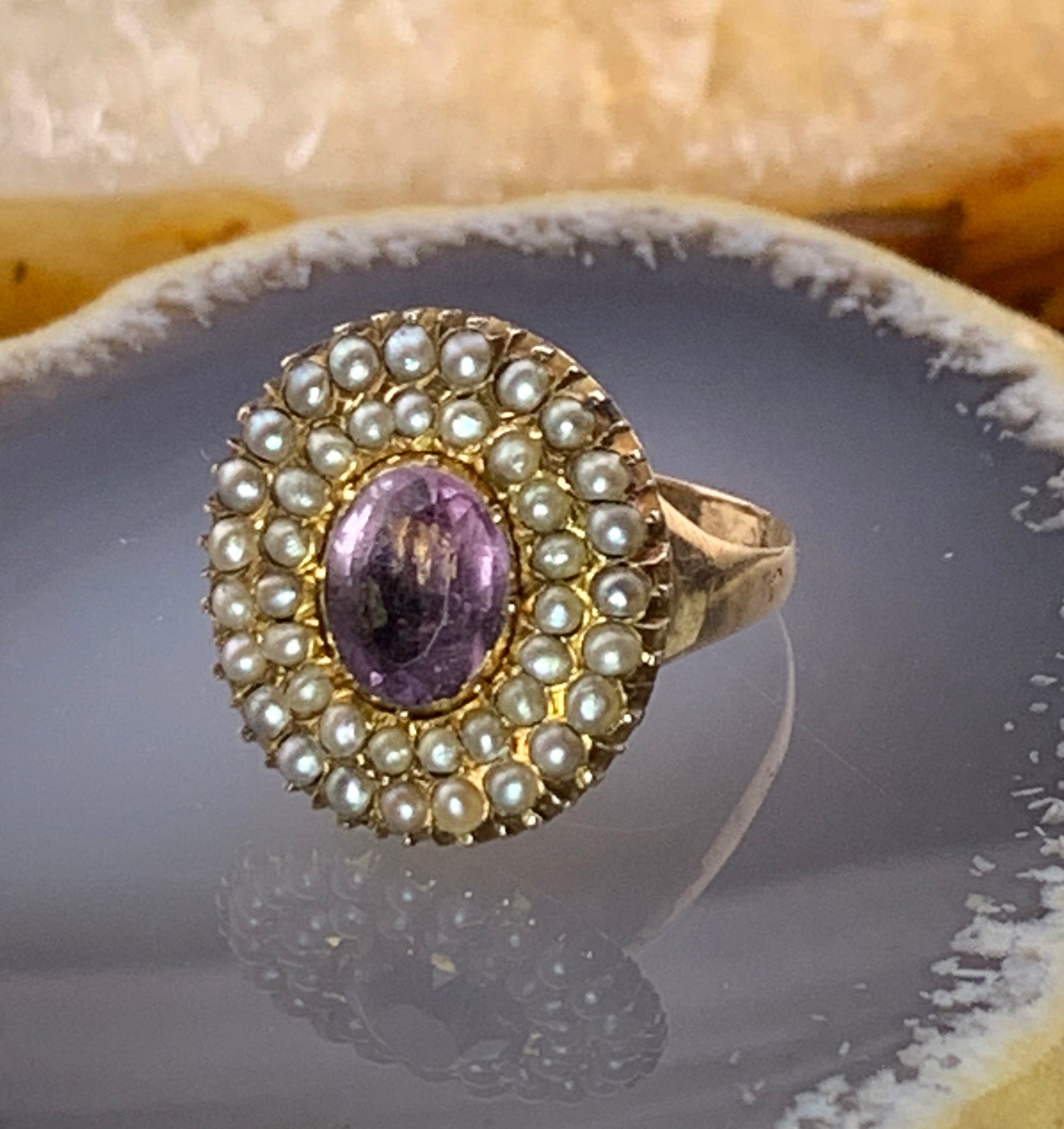 Antique 14K, Amethyst & Seed Pearl Ring