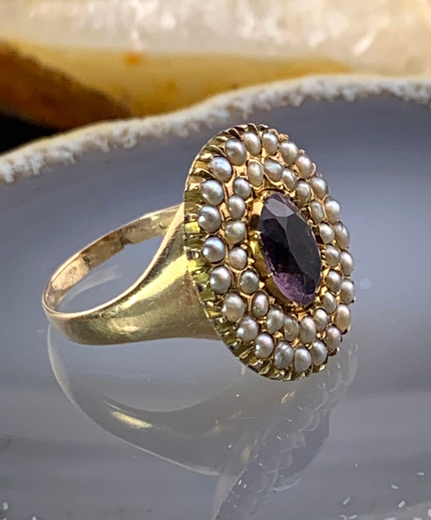 Antique 14K, Amethyst & Seed Pearl Ring