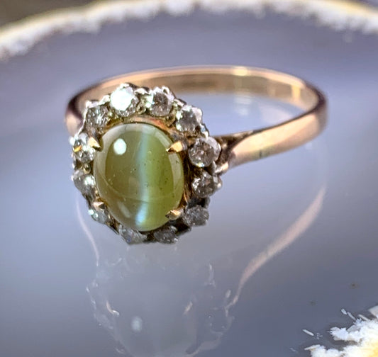 Vintage 12K, Diamond & Cats Eye Chrysoberyl Ring