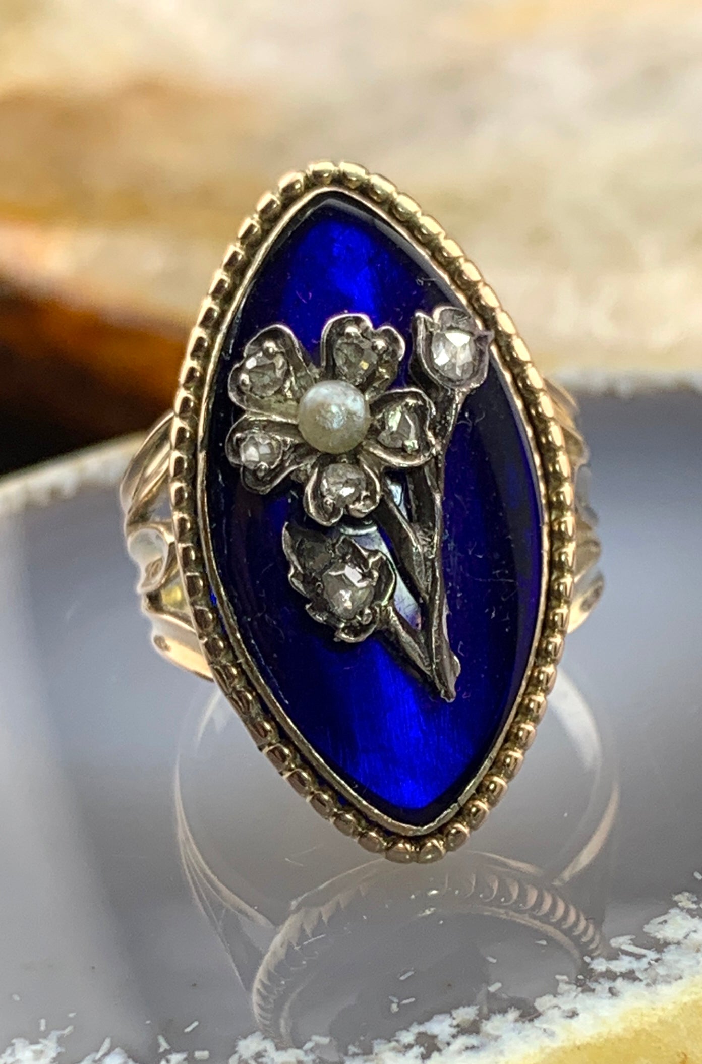 Antique 18K, Diamond, Pearl & Cobalt Glass Navette Ring
