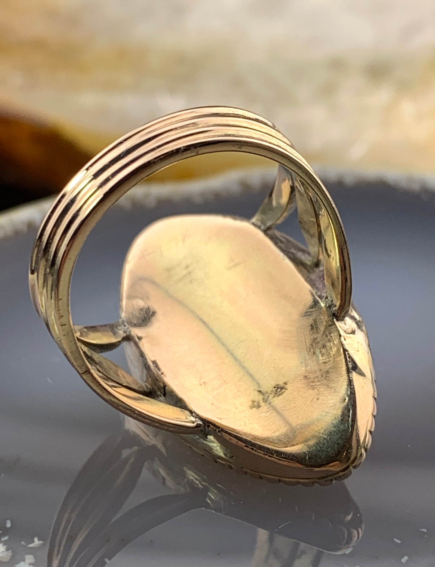 Antique 18K, Diamond, Pearl & Cobalt Glass Navette Ring