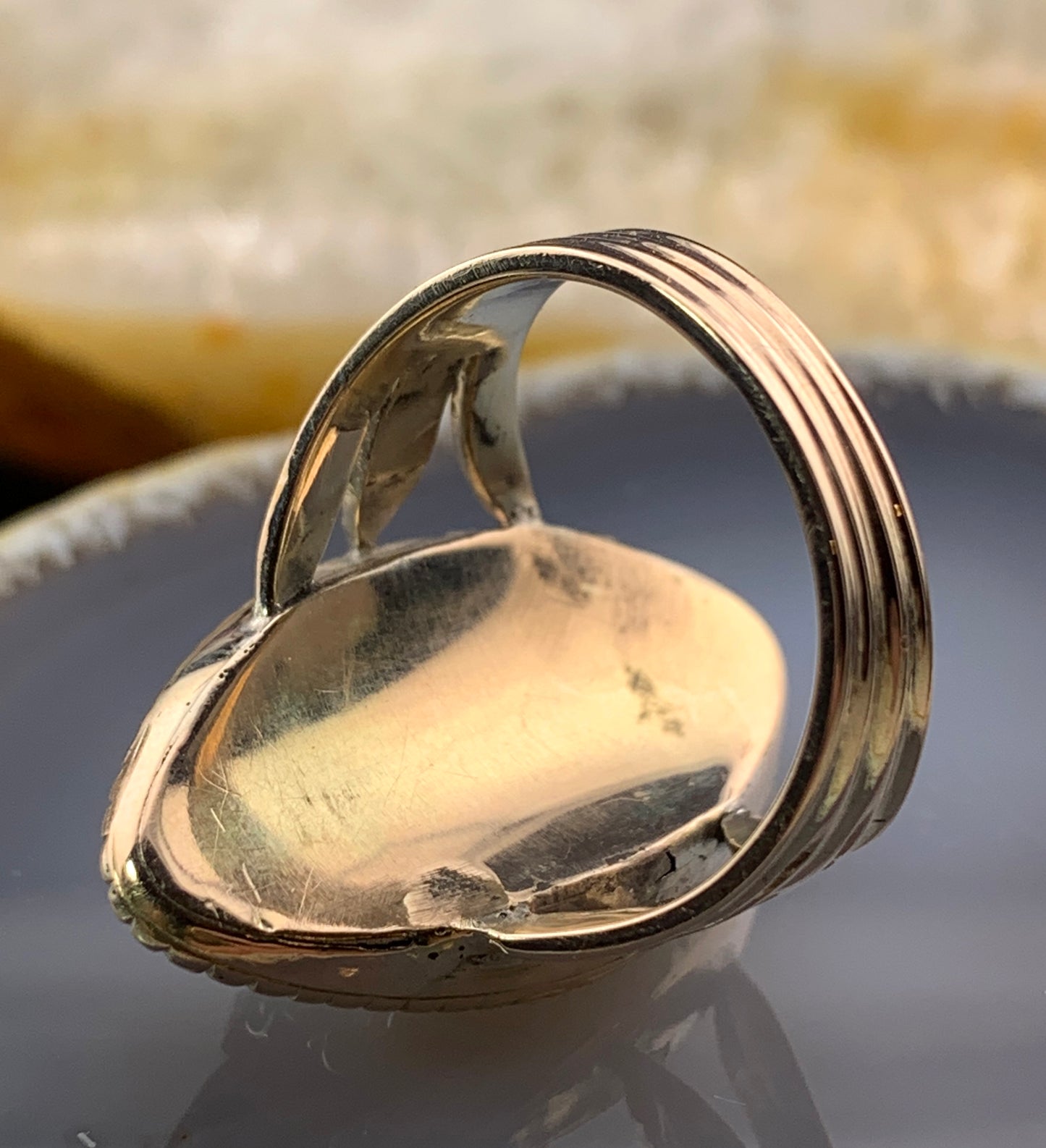 Antique 18K, Diamond, Pearl & Cobalt Glass Navette Ring