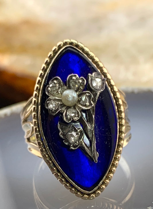 Antique 18K, Diamond, Pearl & Cobalt Glass Navette Ring