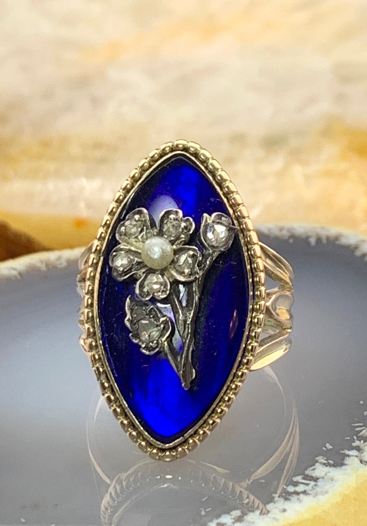 Antique 18K, Diamond, Pearl & Cobalt Glass Navette Ring