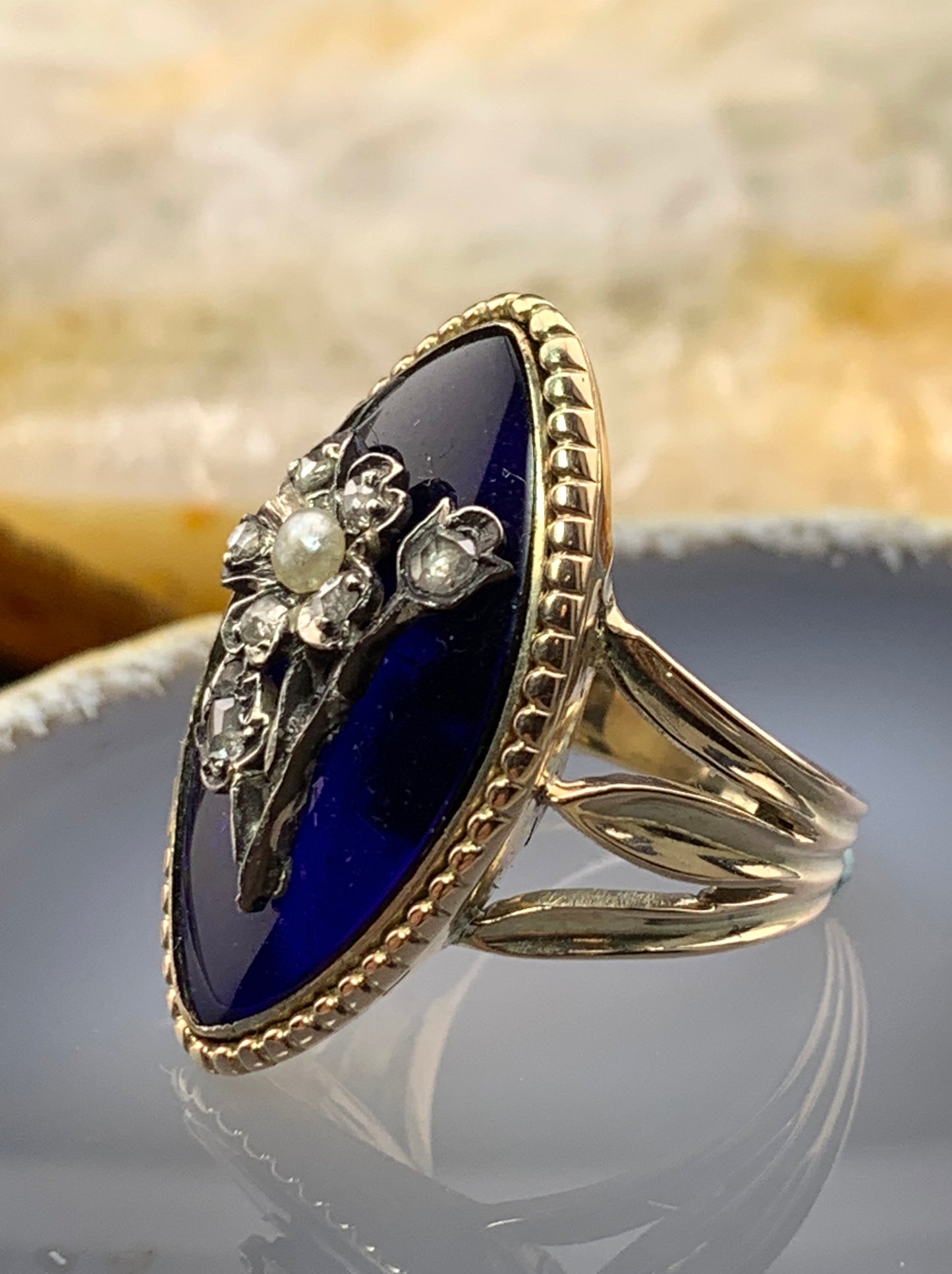 Antique 18K, Diamond, Pearl & Cobalt Glass Navette Ring