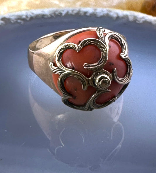 Antique 9K, Diamond & Coral Ring