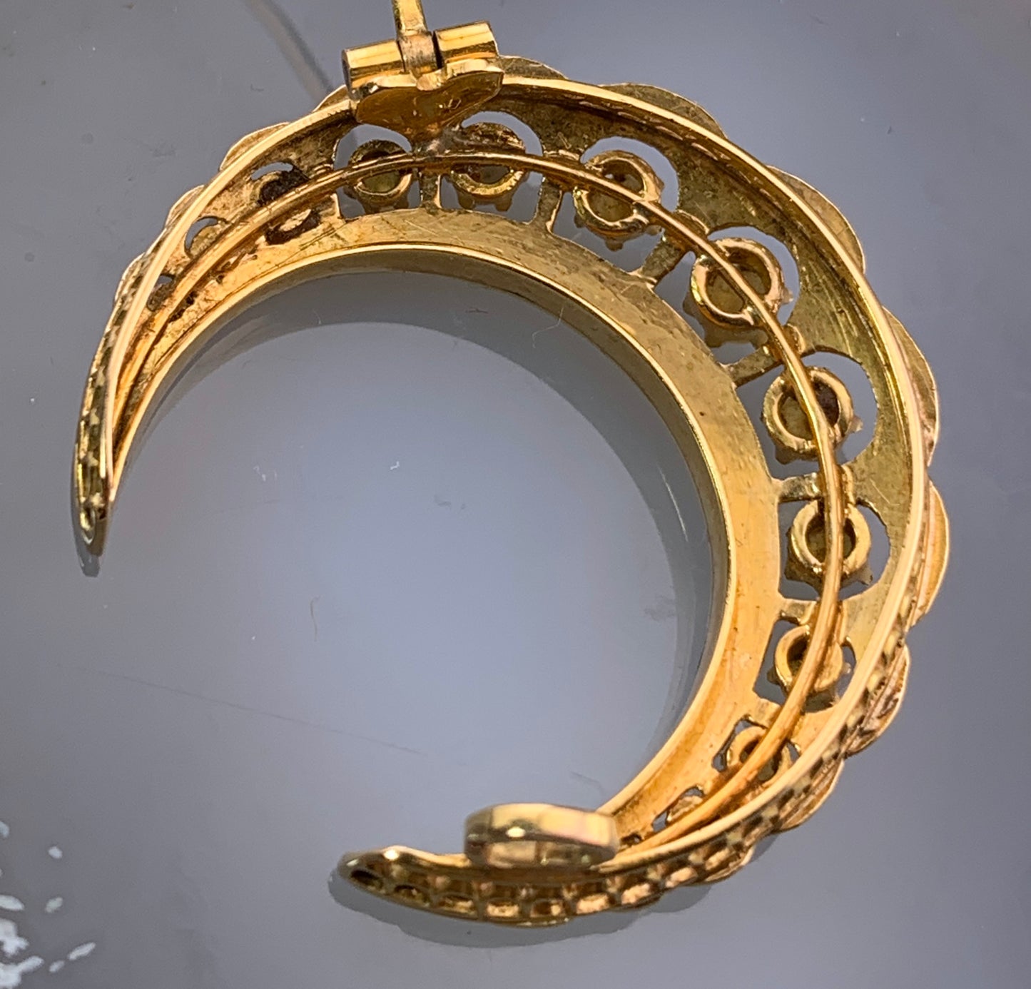 Sold Antique 18K & Seed Pearl Crescent Brooch