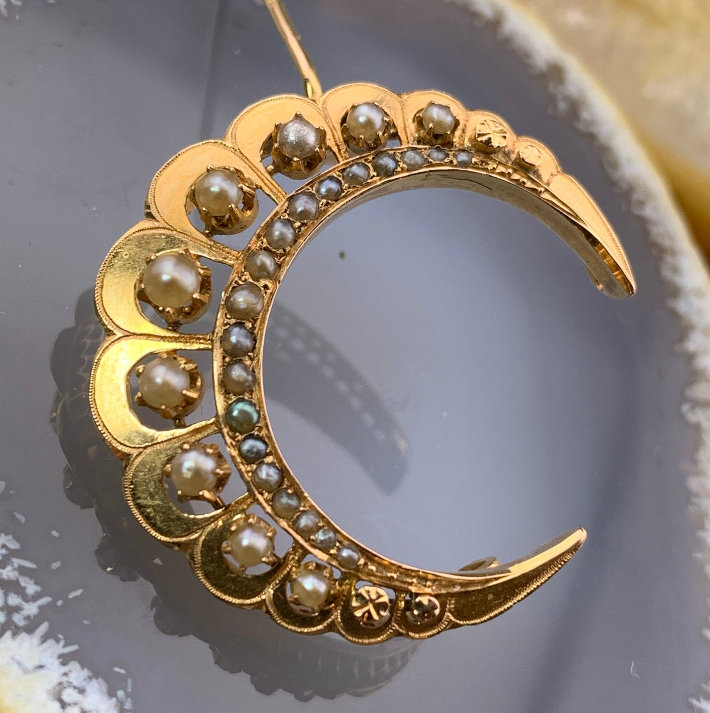 Sold Antique 18K & Seed Pearl Crescent Brooch