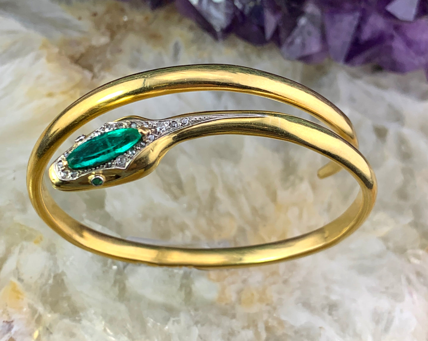 Antique French 18K, Diamond & Emerald Snake Bracelet