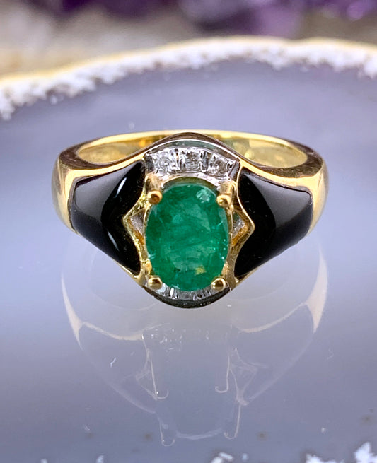 Vintage 18K, Diamond, Emerald & Onyx Ring