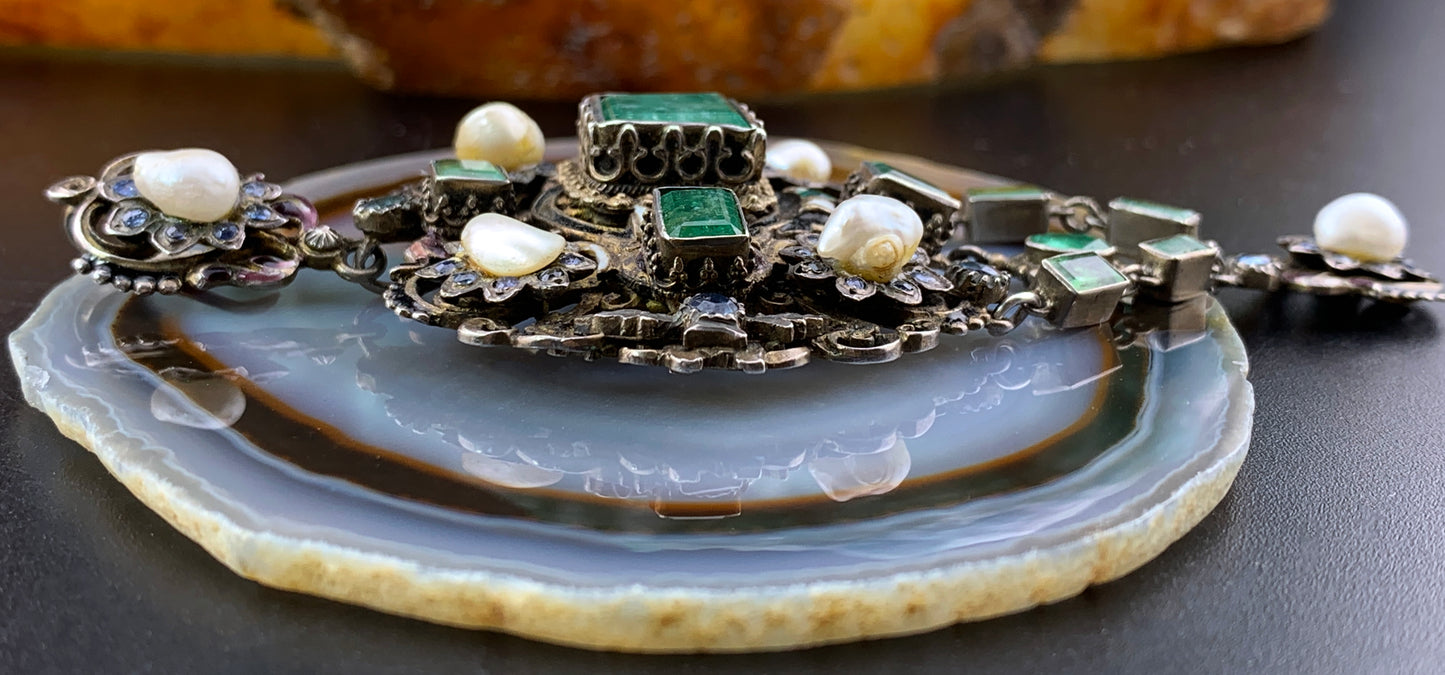 Sold Antique Austro-Hungarian Silver, Emerald, Sapphire & Pearl Pendant