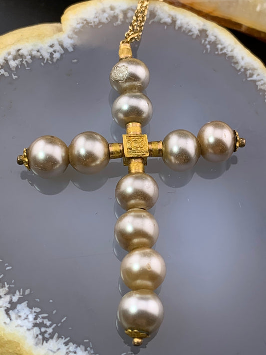 Antique 18K & Blown Glass Cross with Chain in Gold Fill
