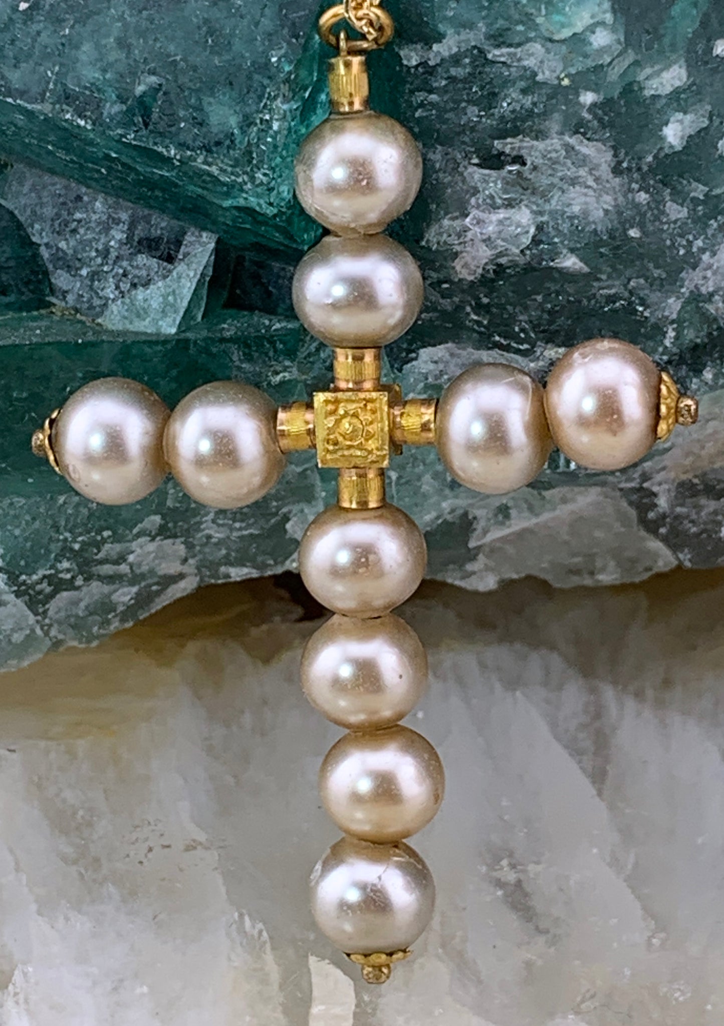 Antique 18K & Blown Glass Cross with Chain in Gold Fill