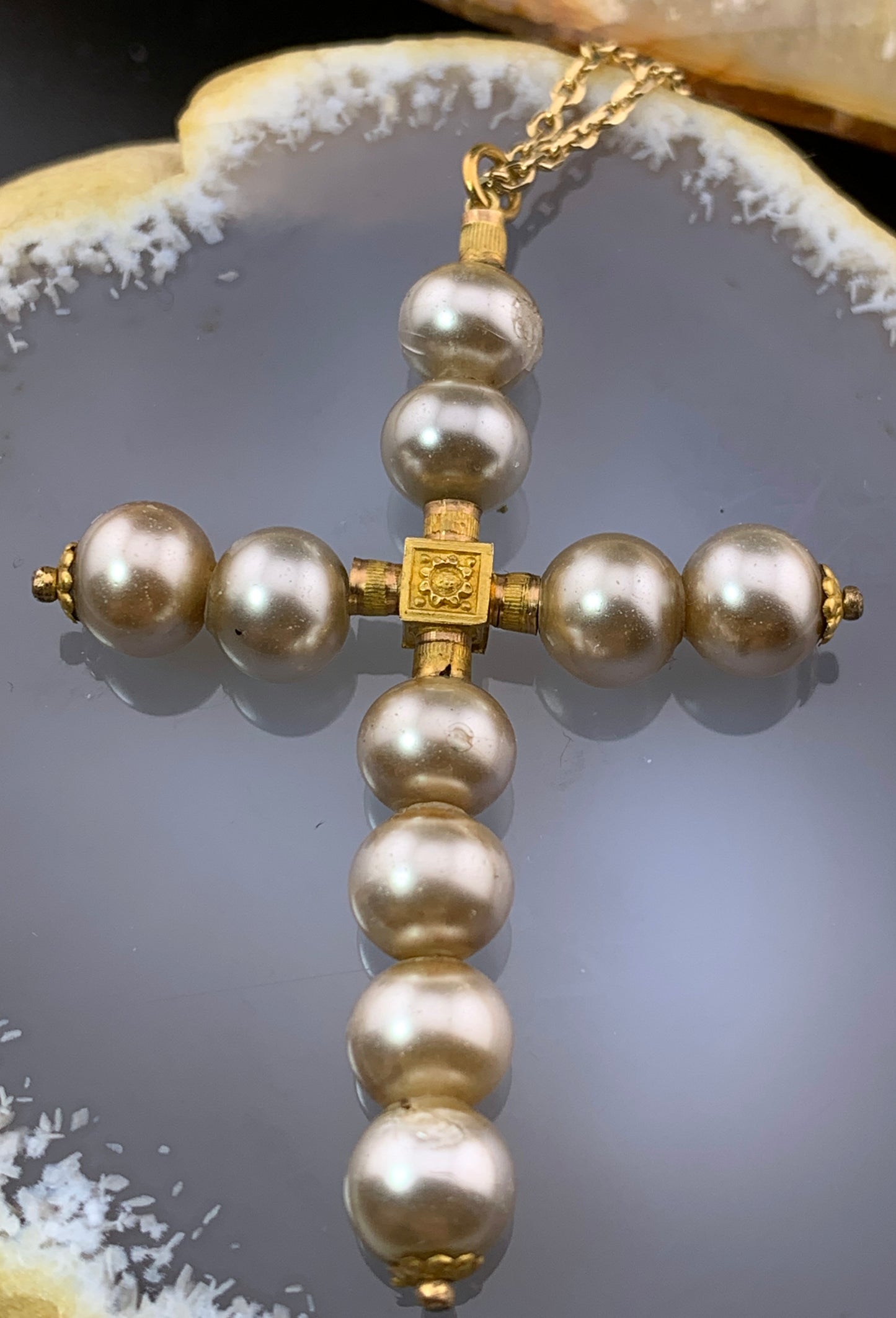 Antique 18K & Blown Glass Cross with Chain in Gold Fill