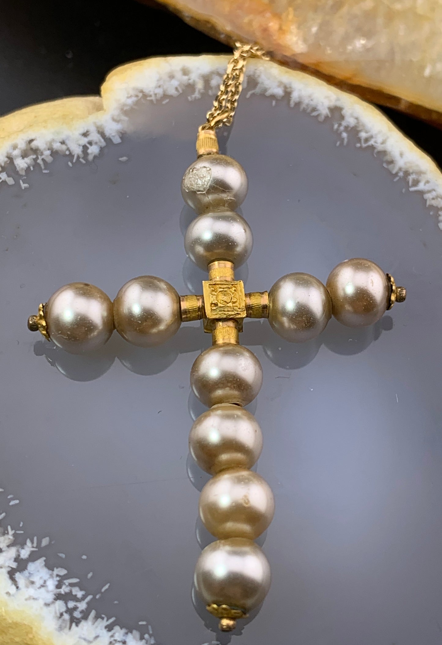 Antique 18K & Blown Glass Cross with Chain in Gold Fill