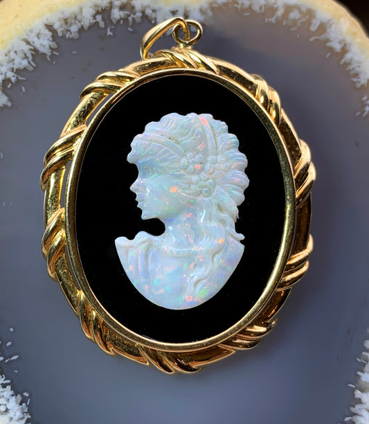SOLD Vintage 18K, Opal & Onyx Cameo Pendant