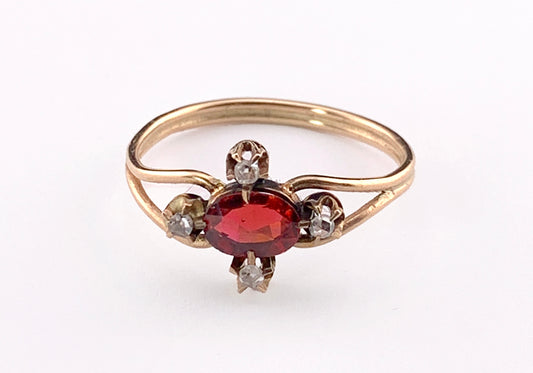 Antique 18K, 14K, Diamond & Perpignan Garnet Ring