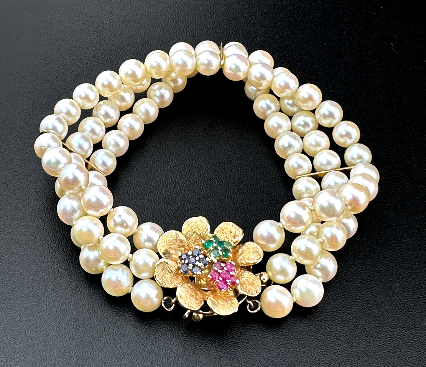 Vintage 14K, Pearl, Ruby, Emerald & Sapphire Bracelet