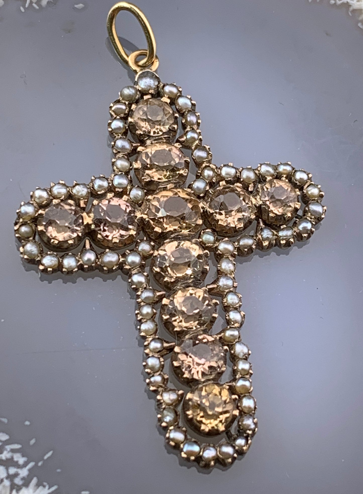 Antique 18K, Imperial Topaz & Seed Pearl Cross Pendant
