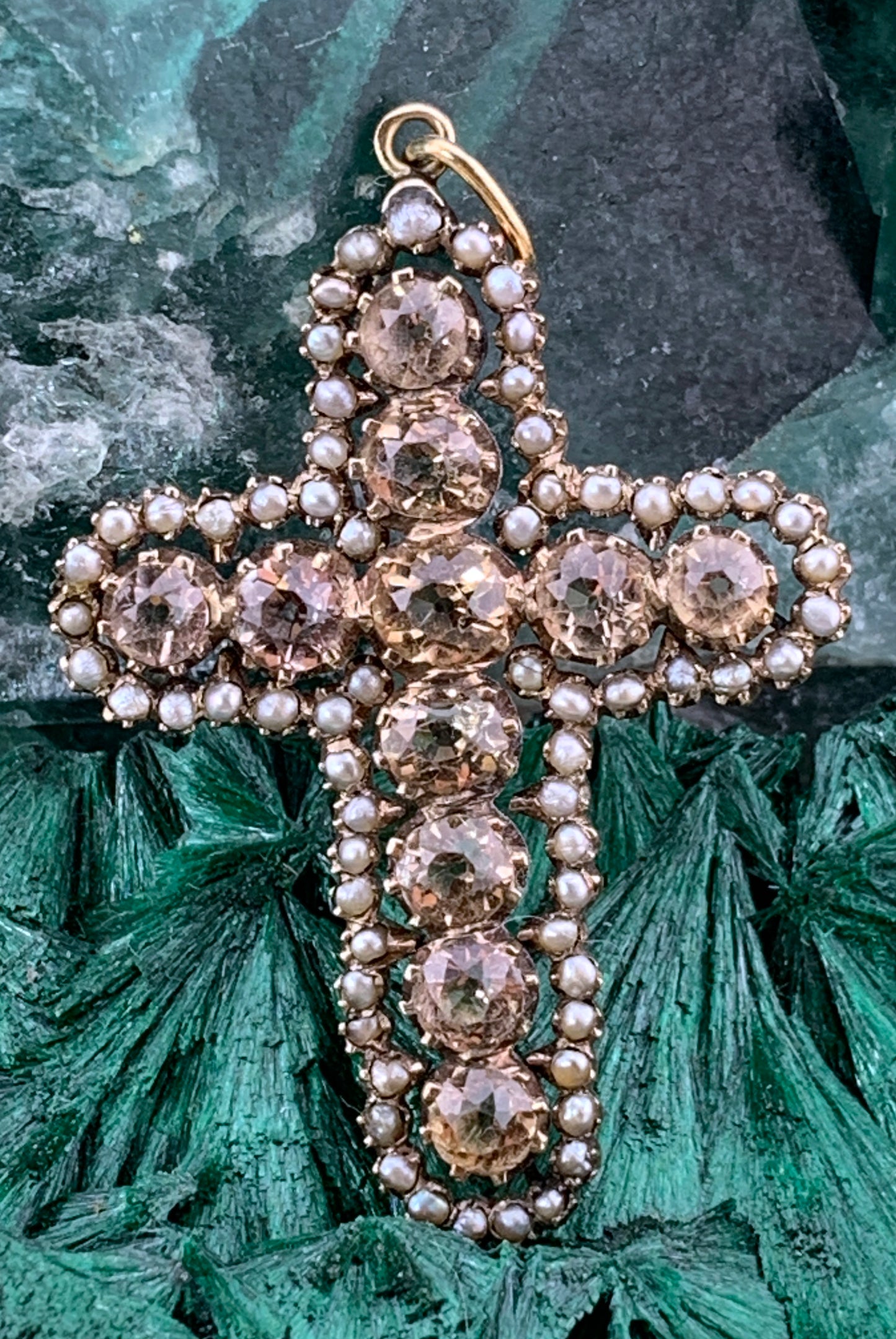 Antique 18K, Imperial Topaz & Seed Pearl Cross Pendant