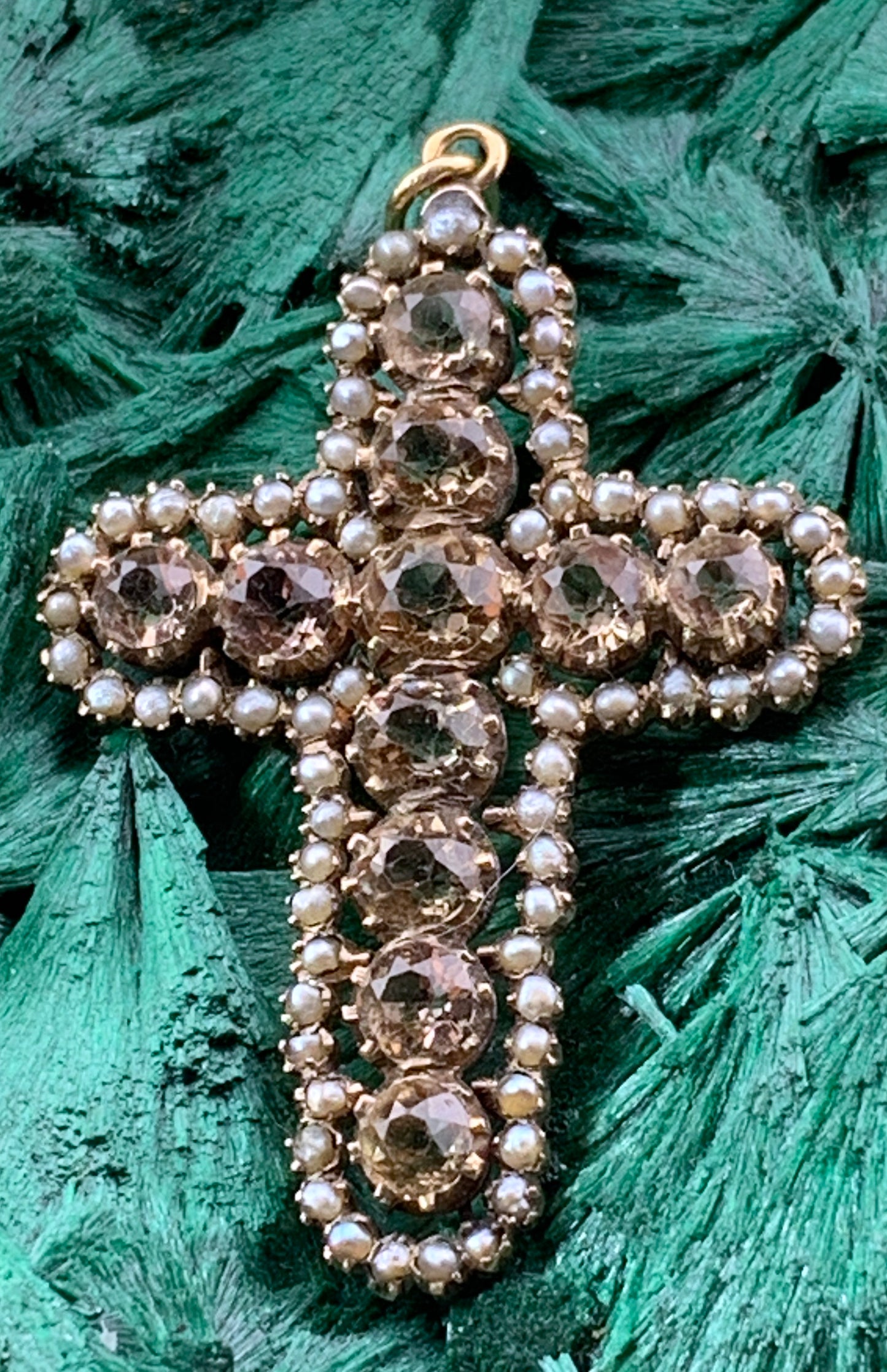 Antique 18K, Imperial Topaz & Seed Pearl Cross Pendant