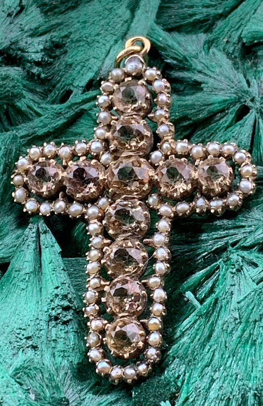 Antique 18K, Imperial Topaz & Seed Pearl Cross Pendant