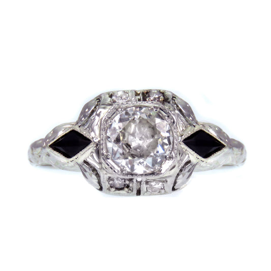 Sold--Art Deco European Round-Cut Diamond and Onyx 18k Ring K