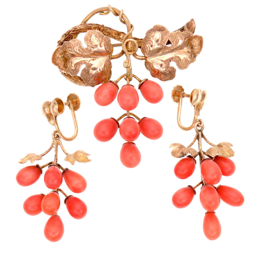 SOLD  Victorian Gold & Coral Grape Cluster Brooch/ Pendant & Earring Set