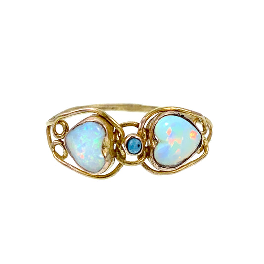 Antique 10K, Opal & Turquoise Double Heart Ring
