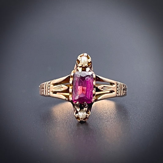 Antique Victorian 10K, Pink Tourmaline & Seed Pearl Ring