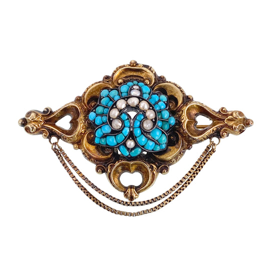 Sold  Antique 10K, Turquoise & Seed Pearl Brooch