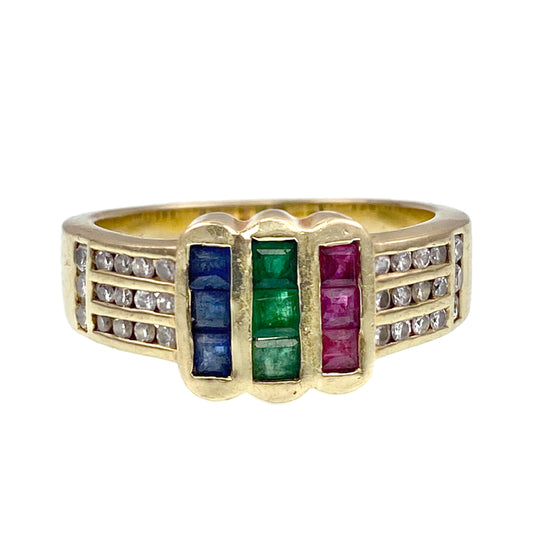 Vintage 18K, Diamond, Ruby, Sapphire & Emerald Ring