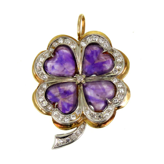 Vintage 14K, Amethyst & Diamond Clover Brooch Pendant