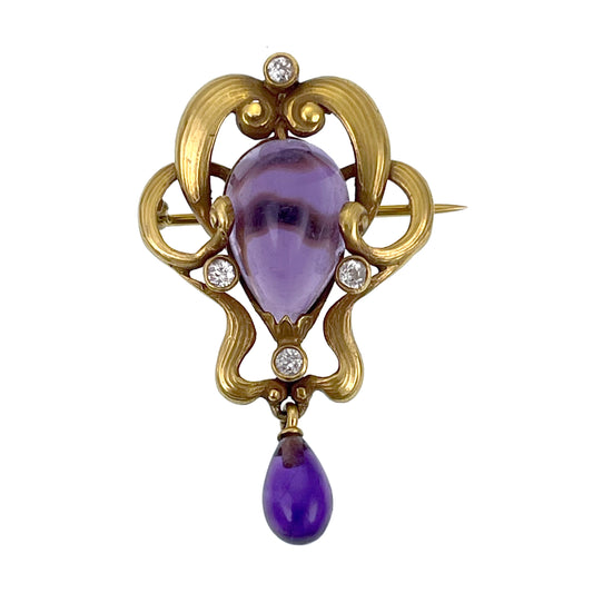 SOLD Antique Art Nouveau 18K, Diamond & Amethyst Brooch