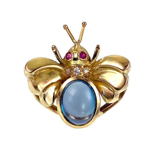 Vintage 14K, Blue Topaz, Diamond & Ruby Insect Conversion Ring