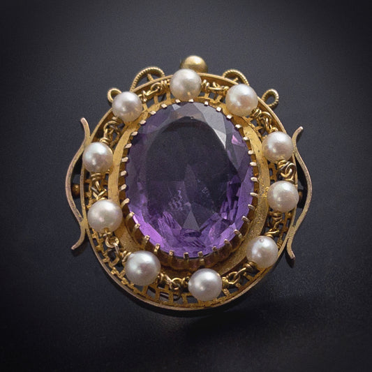 Antique 14K, Amethyst & Seed Pearl Conversion Ring