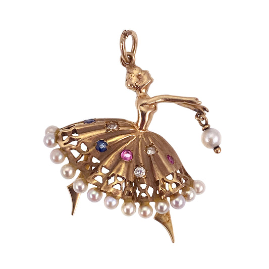 Vintage Retro 14K, Diamond & Pearl Ballerina Pendant
